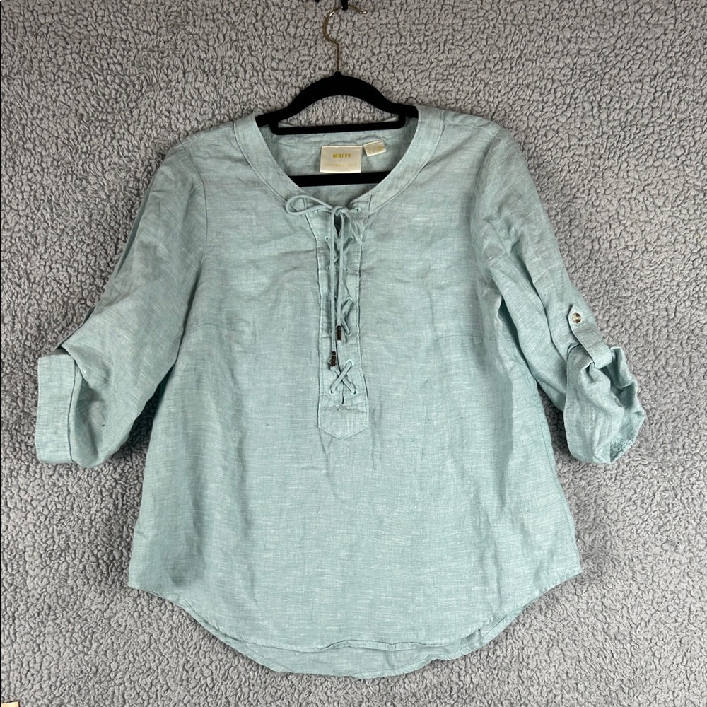 Maeve Criss Cross Front  3/4 Sleeve 100% Linen Mint Green Top Size 4